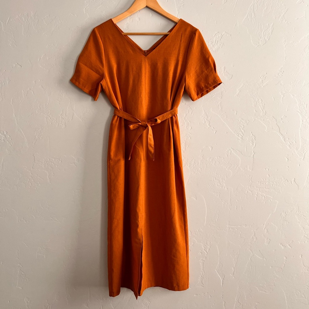 No. 1 Marigold Orange V-Neck Midi Dress with Waist Tie & Front Slit Approx. Sz S